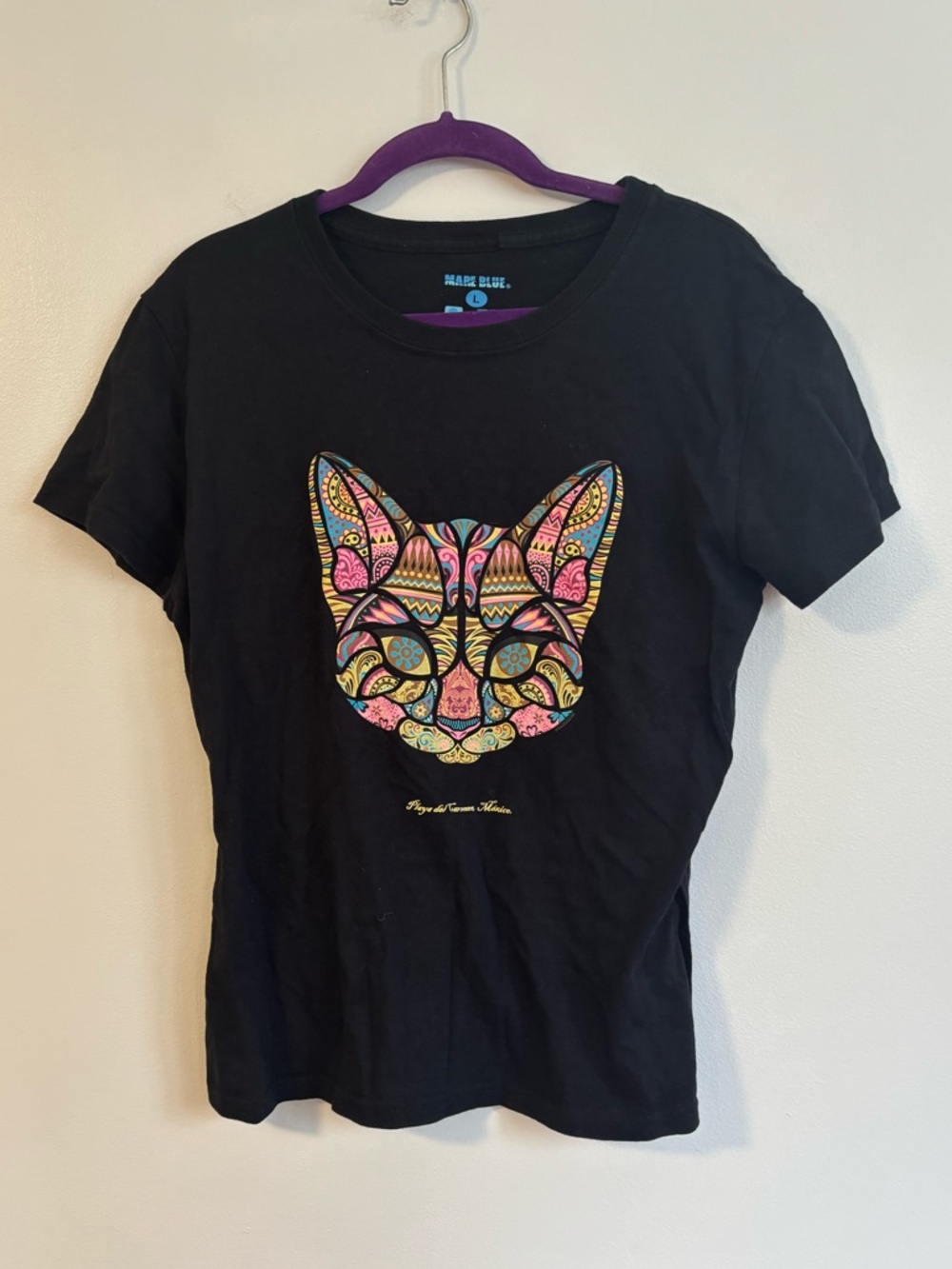Playa Del Carmen Mexico Colourful Mosaic Cat Graphic 100% Cotton Black T-Shirt